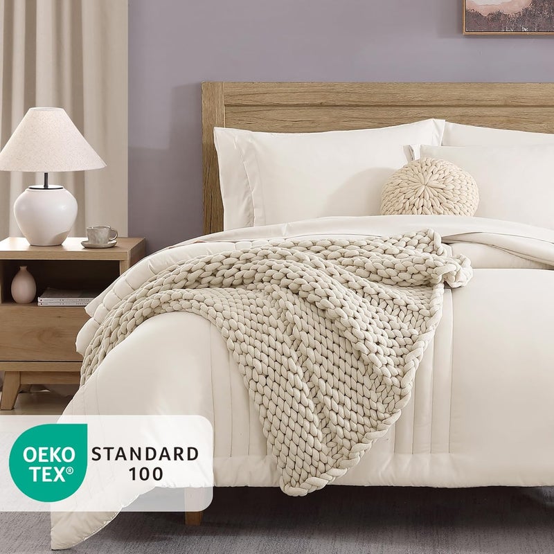Monbix California King Comforter Set - Cal King Comforter Set 7 Pieces, All Seasons Comforters,Quilting Design Bed in A Bag Cal King Comforter with Sheets,Pillowcases & Shams (Snow White,108 * 92) - Image 2