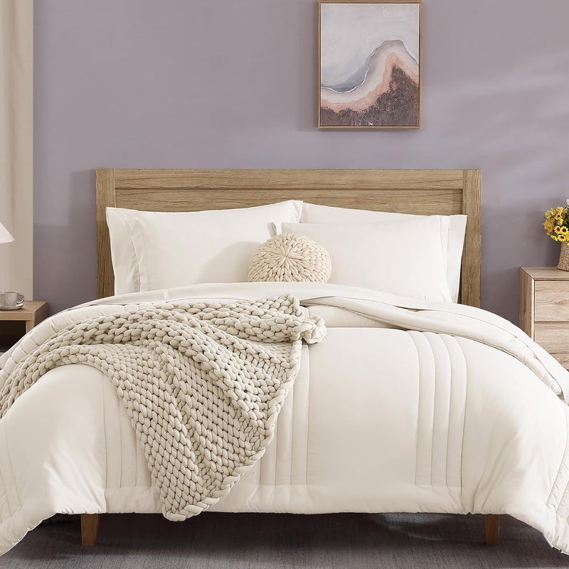 Monbix California King Comforter Set - Cal King Comforter Set 7 Pieces, All Seasons Comforters,Quilting Design Bed in A Bag Cal King Comforter with Sheets,Pillowcases & Shams (Snow White,108 * 92) - Image 1