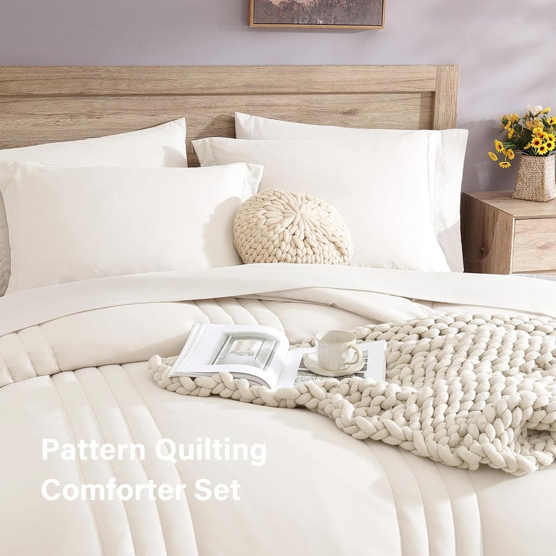 Monbix California King Comforter Set - Cal King Comforter Set 7 Pieces, All Seasons Comforters,Quilting Design Bed in A Bag Cal King Comforter with Sheets,Pillowcases & Shams (Snow White,108 * 92) - Image 3