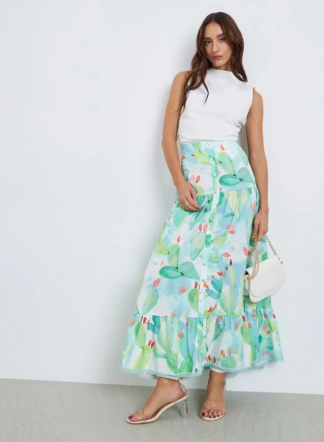 تايك تو تنورة طويلة بطبعة زهور وأزرار وحافة بكشكش