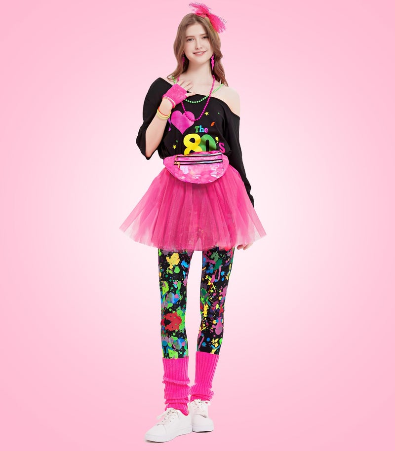 WILDPARTY WlLDPARTY 80s Outfit Women Costume Accessories Set, T Shirt Leggings Tutu Skirt Fanny Pack Headband Earring Necklace Fishnet Gloves Legwarmers 80s Party Outfits (Color-Leggings)-Plus-XXL - Image 4