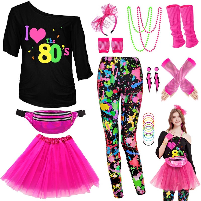WILDPARTY WlLDPARTY 80s Outfit Women Costume Accessories Set, T Shirt Leggings Tutu Skirt Fanny Pack Headband Earring Necklace Fishnet Gloves Legwarmers 80s Party Outfits (Color-Leggings)-Plus-XXL - Image 1