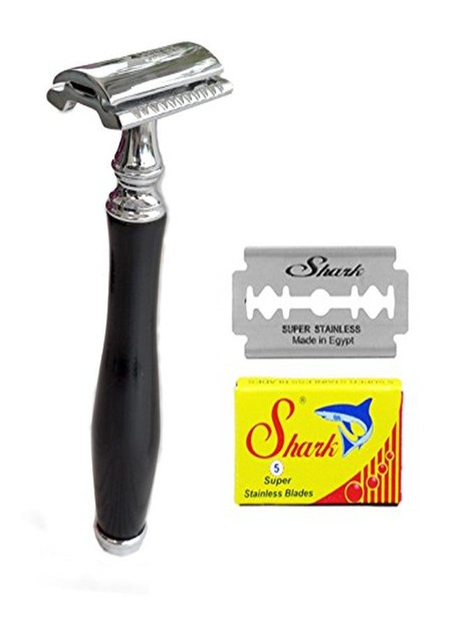 Classic Samurai Double Edge Safety Razor Set Black Handle with Genuine Leather Shaving Travel/Protective Case (BLACK HANDLE + 5 SHARK) - Image 1