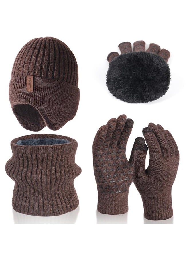 FENELY Men Beanie Hat Scarf Touchscreen Gloves Set Winter Warm Knit Fleece Lined Thick Thermal Neck Warmer Coffee Brown Cap with Earflap for Cold Weather Outdoor, Coffee, One size - Image 1