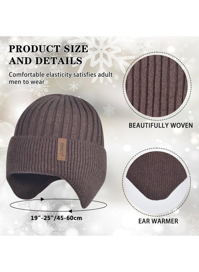 FENELY Men Beanie Hat Scarf Touchscreen Gloves Set Winter Warm Knit Fleece Lined Thick Thermal Neck Warmer Coffee Brown Cap with Earflap for Cold Weather Outdoor, Coffee, One size - Image 2