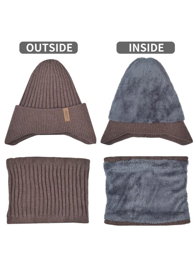 FENELY Men Beanie Hat Scarf Touchscreen Gloves Set Winter Warm Knit Fleece Lined Thick Thermal Neck Warmer Coffee Brown Cap with Earflap for Cold Weather Outdoor, Coffee, One size - Image 5