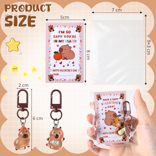 Kenning 28 Sets Valentines Day Capybara Gifts Party Favors Include 28 Capybara Keychains 28 Cute Valentines Greeting Cards Transparent Bags for Student Classroom Goodie Bag Gifts Rewards - Image 5