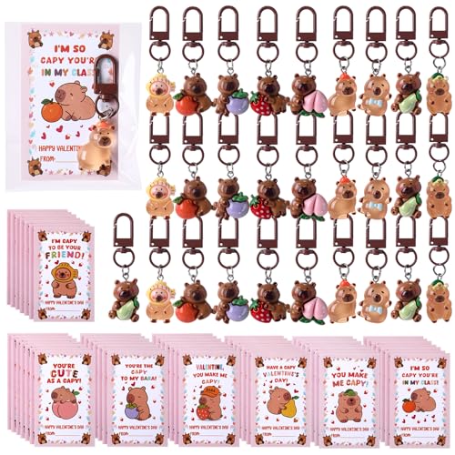 Kenning 28 Sets Valentines Day Capybara Gifts Party Favors Include 28 Capybara Keychains 28 Cute Valentines Greeting Cards Transparent Bags for Student Classroom Goodie Bag Gifts Rewards - Image 1