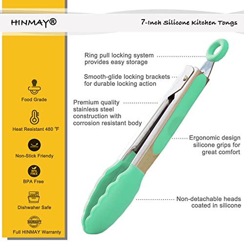 HINMAY Small Tongs with Silicone Tips 7-Inch Serving Tongs, Set of 3 (Pink Mint Yellow) - Image 2
