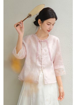 Generic 2024 Spring Summer New Womens Pink Hanfu Tea Ceremony Shirt Slim Fit Traditional Chinese Jacquard Top Pink 