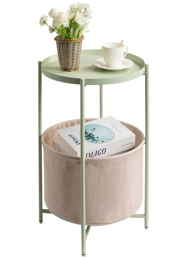 danpinera Round Side Table with Fabric Storage Basket, Metal Side Table Small Bedside Table Nightstand with Removable Tray Top for Living Room, Bedroom, Nursery, Laundry, Light Green - Image 1