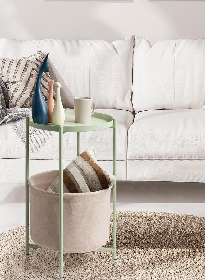 danpinera Round Side Table with Fabric Storage Basket, Metal Side Table Small Bedside Table Nightstand with Removable Tray Top for Living Room, Bedroom, Nursery, Laundry, Light Green - Image 4