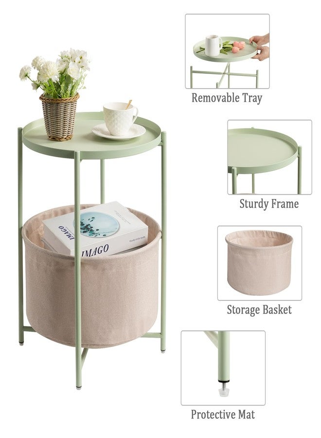 danpinera Round Side Table with Fabric Storage Basket, Metal Side Table Small Bedside Table Nightstand with Removable Tray Top for Living Room, Bedroom, Nursery, Laundry, Light Green - Image 2
