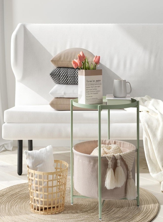 danpinera Round Side Table with Fabric Storage Basket, Metal Side Table Small Bedside Table Nightstand with Removable Tray Top for Living Room, Bedroom, Nursery, Laundry, Light Green - Image 3