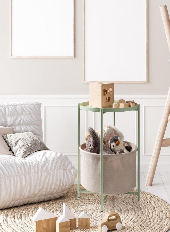 danpinera Round Side Table with Fabric Storage Basket, Metal Side Table Small Bedside Table Nightstand with Removable Tray Top for Living Room, Bedroom, Nursery, Laundry, Light Green - Image 5