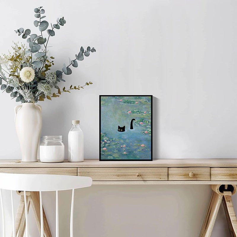 Hamduker Cat Wall Art Monet Prints Vintage Canvas Wall Art Funny Cat in Water Lilies Posters for Room Bedroom Living Room Bathroom Wall Decor Aesthetic (Size: 8''x10''x1pcs) - Image 3