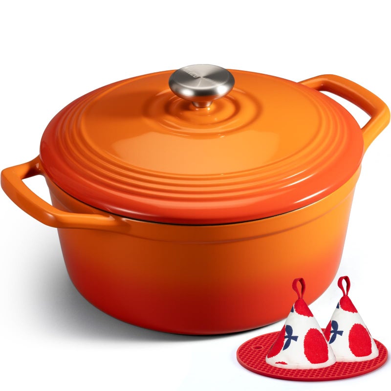 Overmont Enameled Cast Iron Dutch Oven - 5.5QT Pot with Wide Handles Lid Cookbook & Cotton Potholders - Heavy-Duty Pre-Seasoned Cookware Oven Safe to 500Â°F for Braising, Stews, Roasting, Bread Baking - Image 1