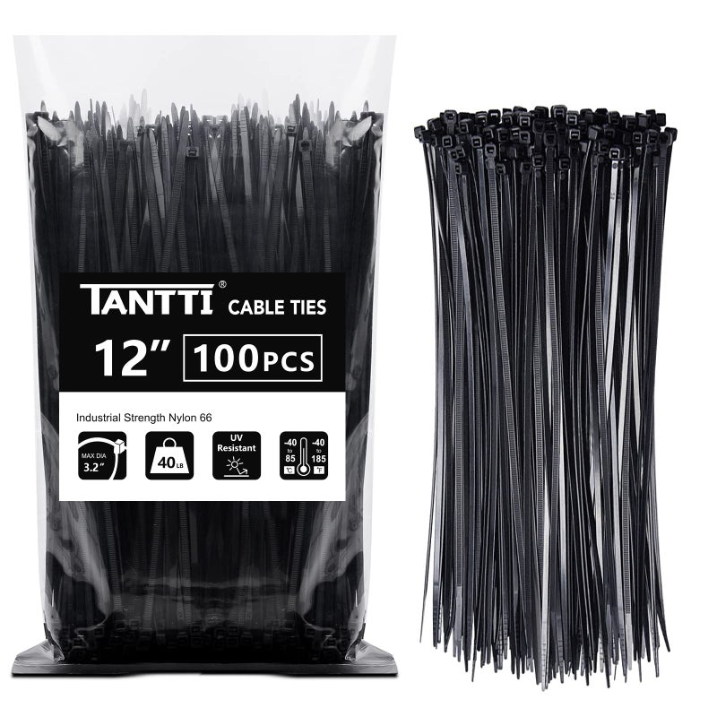 TANTTI Zip Ties 12 inch, Black Zip Ties 100 pack, 40lb, Cable Ties, Self-locking Wire ties for indoor and outdoor use, by Tantti - Image 1