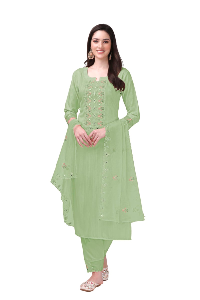 TRENDMALLS طقم سلوار نسائي من قطن تريندمولز مع تطريز - كورتا وبنطلون مع دوباتا (G103-أخضر-M) - Image 1