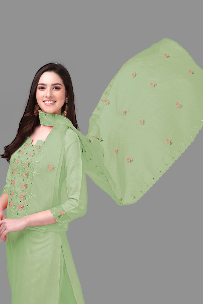 TRENDMALLS طقم سلوار نسائي من قطن تريندمولز مع تطريز - كورتا وبنطلون مع دوباتا (G103-أخضر-M) - Image 4