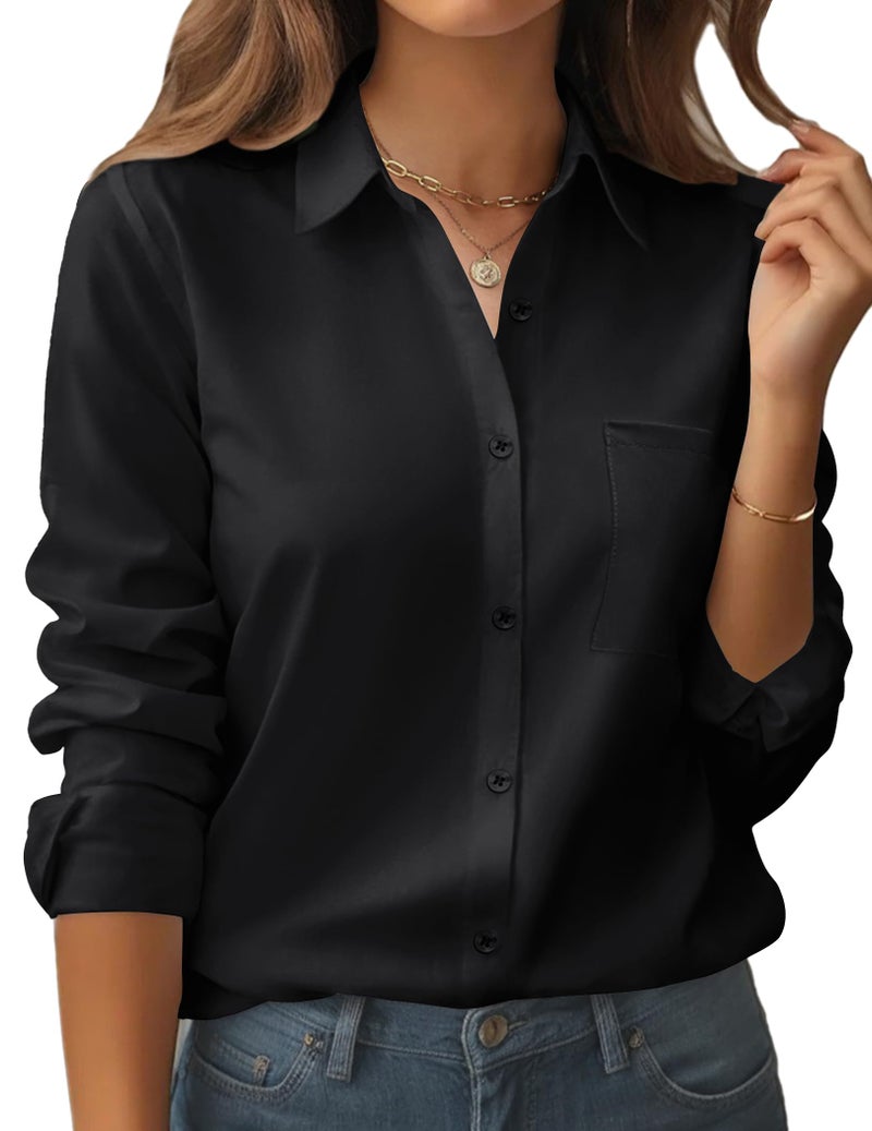 Zeagoo Button Down Shirt for Women Dressy Casual Long Sleeve Black Blouse Outfit Classic Collared Ladies Tops - Image 1