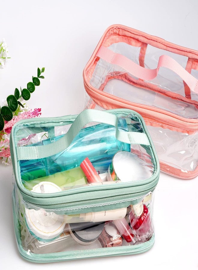 ووب حقيبة مكياج شفافة محمولة من Wobe، عبوة من قطعتين، مزودة بسحاب، مقاومة للماء، حقيبة مستحضرات تجميل شفافة، حقيبة تخزين وحمل، حقيبة أدوات تجميل مزودة بسحاب ومقبض، مناسبة للسفر والعطلات، للحمام (وردي، أخضر) - Image 5