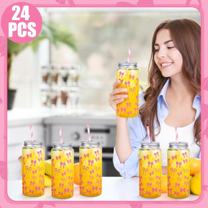 Chuangdi 24 Sets 14 oz Pink Bow Bottles with Straws and Metal Lids 24 Plastic Coquette Bottles 25 Paper Straws Tumbler Reusable Jar Containers for Baby Shower Party Wedding Supplies(Pink,bow) - Image 4