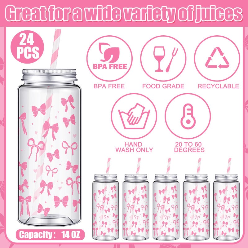 Chuangdi 24 Sets 14 oz Pink Bow Bottles with Straws and Metal Lids 24 Plastic Coquette Bottles 25 Paper Straws Tumbler Reusable Jar Containers for Baby Shower Party Wedding Supplies(Pink,bow) - Image 3