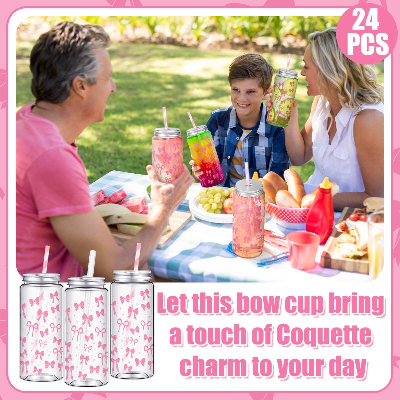 Chuangdi 24 Sets 14 oz Pink Bow Bottles with Straws and Metal Lids 24 Plastic Coquette Bottles 25 Paper Straws Tumbler Reusable Jar Containers for Baby Shower Party Wedding Supplies(Pink,bow) - Image 5