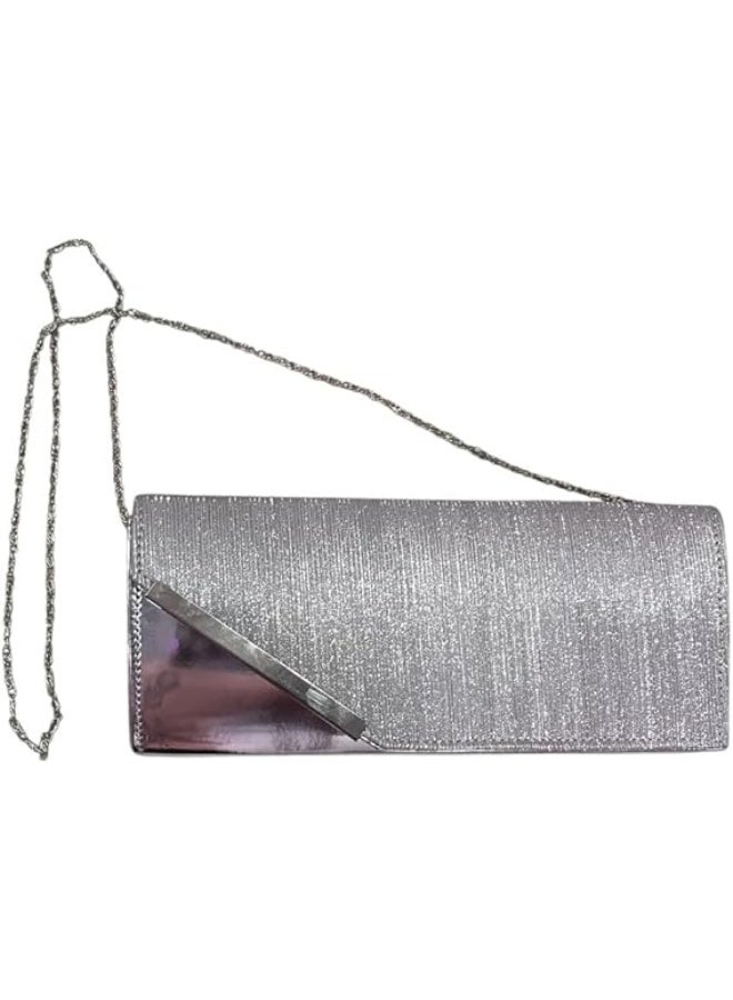 Elegant Women Soiree Handbag Shiny Design Chain Shoulder Strap Evening Bag silver - Image 2