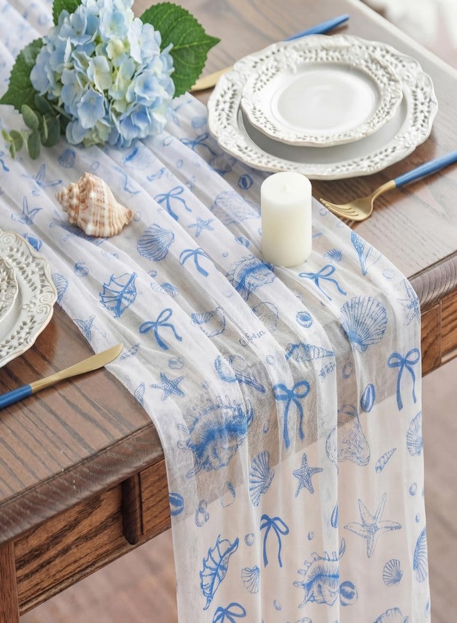 Batiyeer 9.8 ft Blue Starfish Beach Tulle Table Runner, 118 Inch x 28 Inch Summer Decor Coastal Bow Seashell Party Decor for Kitchen Dining Coffee Table Holiday Party Decorations - Image 1