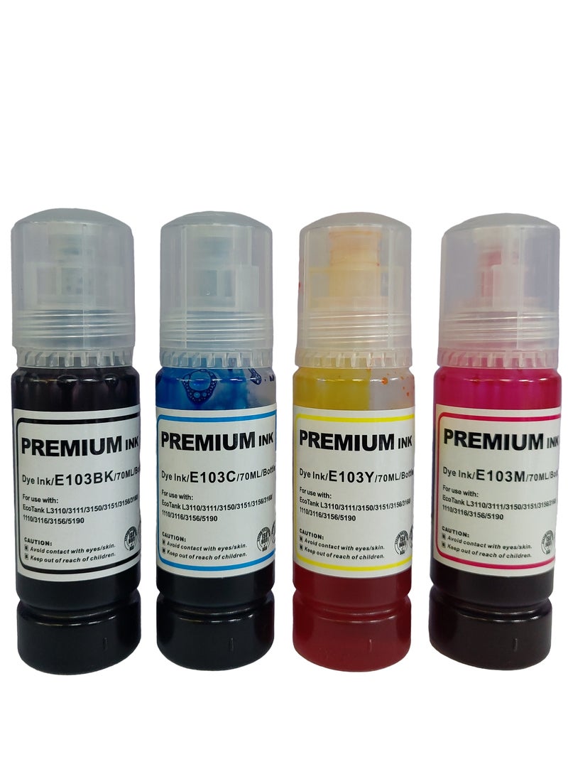 Premium - Compatible 103 ink set four color For Epson 103 Black,Cyan,Yellow,Magenta Work with L1100,L1200,L3100,L3110,L3150,L3160,L3200,L3500,L5100,L5200,L5500 Printers. - Image 1