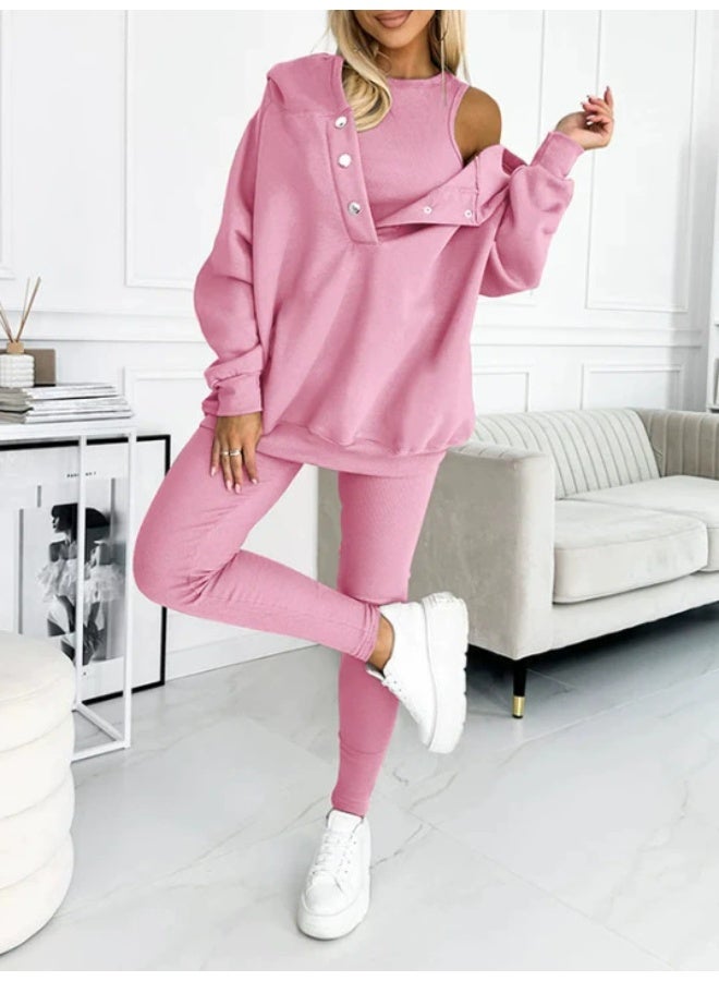 general Women's solid-color loose-fitting hooded sports casual pullover hoodie with strap and fitted pants three-piece set - Image 1