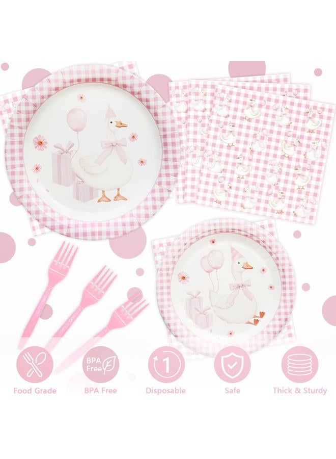 Koeilay 96 Pcs One Silly Goose Party Supplies Disposable Tableware Set Serve 24 Guests Include Silly Goose Paper Plates Pink Gingham Napkins Plastic Forks for Baby Shower Wedding Birthday Party Decoration - Image 3