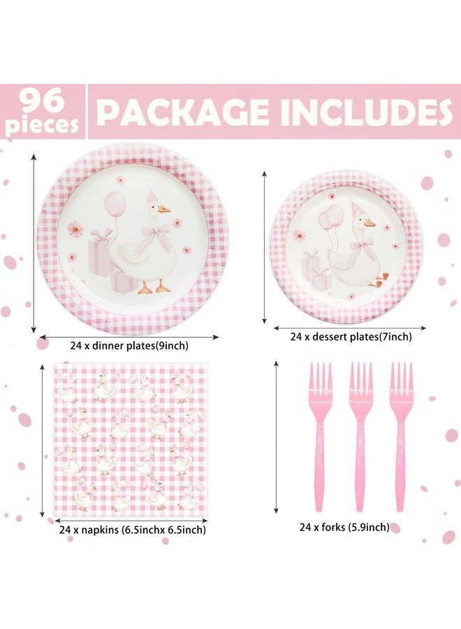 Koeilay 96 Pcs One Silly Goose Party Supplies Disposable Tableware Set Serve 24 Guests Include Silly Goose Paper Plates Pink Gingham Napkins Plastic Forks for Baby Shower Wedding Birthday Party Decoration - Image 2