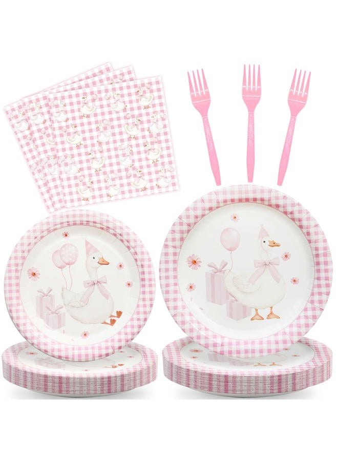 Koeilay 96 Pcs One Silly Goose Party Supplies Disposable Tableware Set Serve 24 Guests Include Silly Goose Paper Plates Pink Gingham Napkins Plastic Forks for Baby Shower Wedding Birthday Party Decoration - Image 1