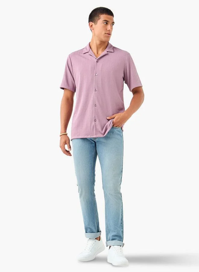 Splash FAV Regular Fit Dobby Textured Shirt with Camp Collar and Short Sleeves