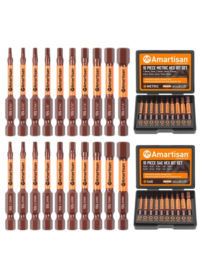 Amartisan 20-Piece Hex Head Allen Wrench Drill Bit Set, Metric and SAE S2 Steel Hex Bits Set, Magnetic Tips, 2.3" Long With Storage box. - Image 1