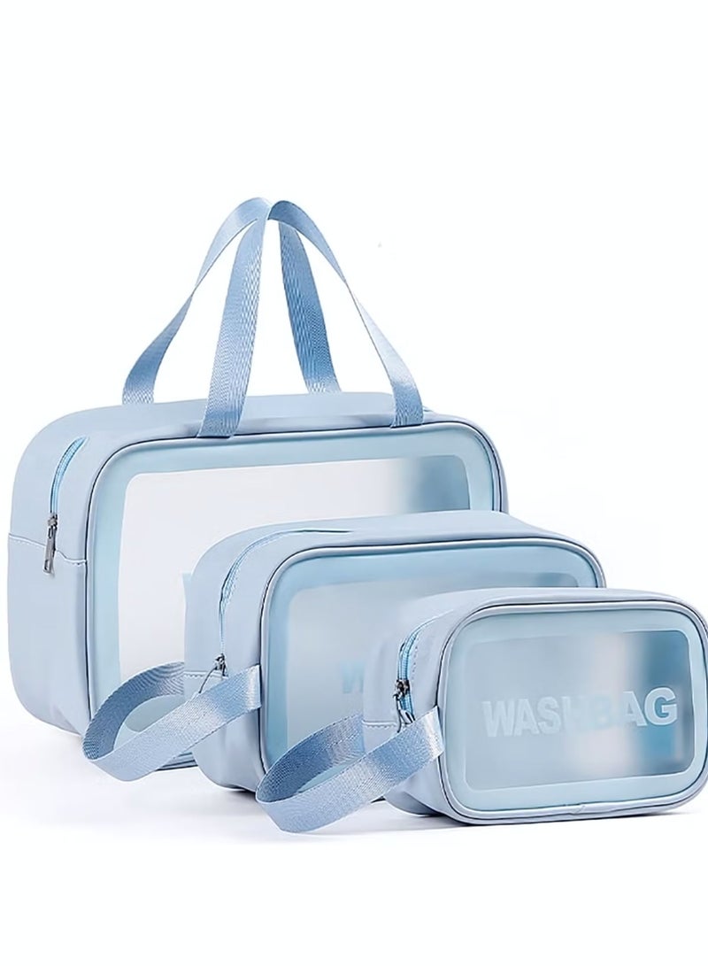 Cosmetic Bag, 3 Pcs Travel Wash Bag for Women, Translucent Waterproof Makeup Cosmetic Bag Travel Organizer for Accessories, Travel Essential Toiletries (Blue) - Image 1