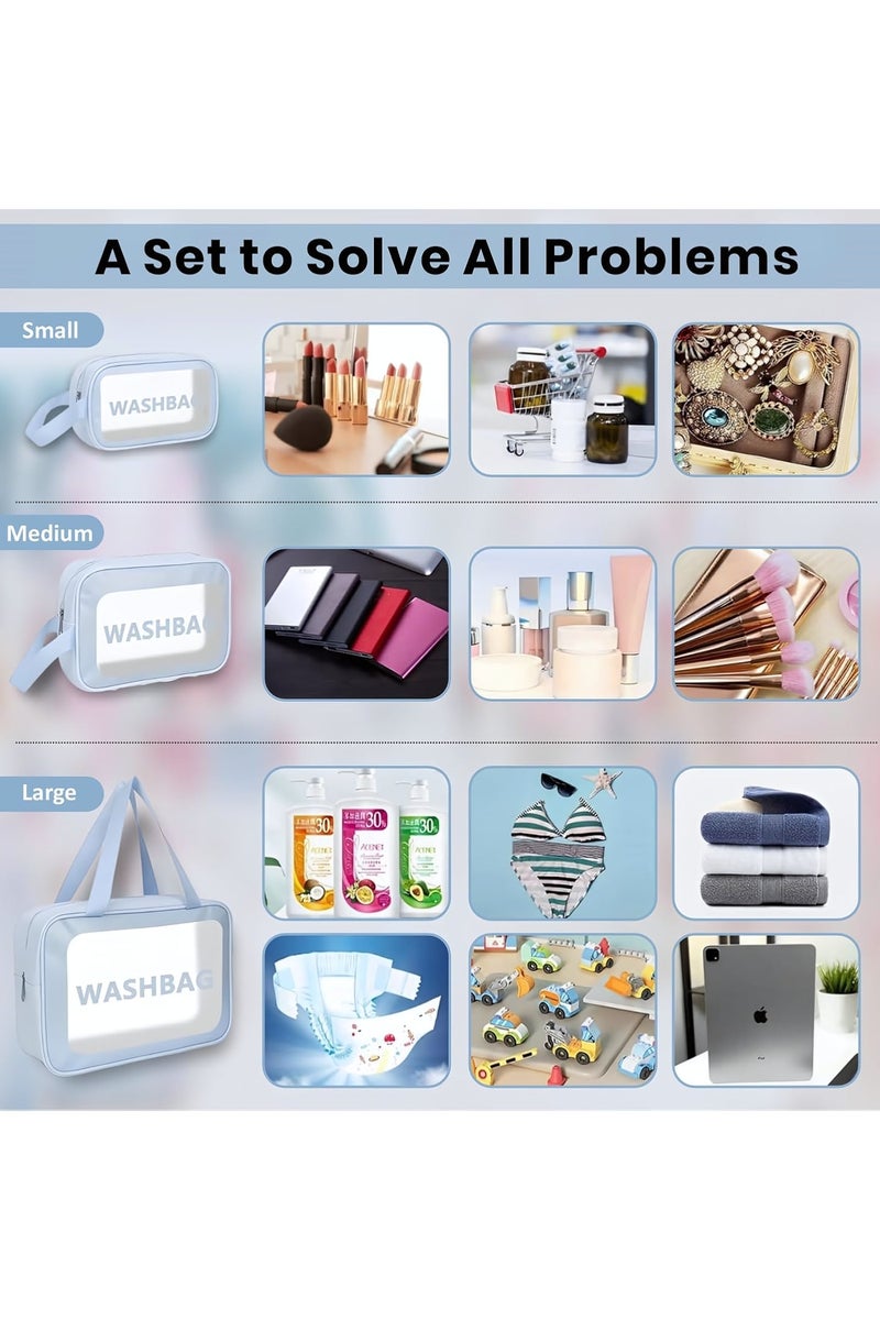 Cosmetic Bag, 3 Pcs Travel Wash Bag for Women, Translucent Waterproof Makeup Cosmetic Bag Travel Organizer for Accessories, Travel Essential Toiletries (Blue) - Image 3