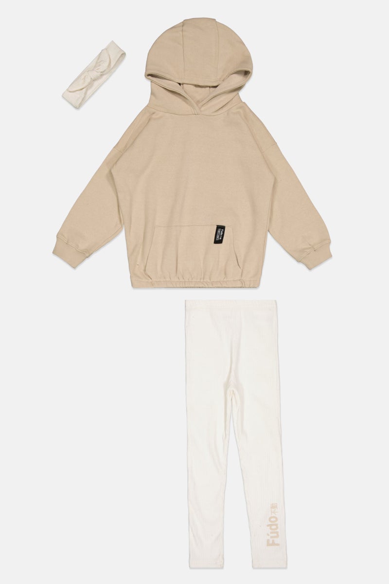 Fudo Kids Girl 3 Pieces Solid Hoodie And Leggings With Head Band Set, Beige/Off-White - Image 1
