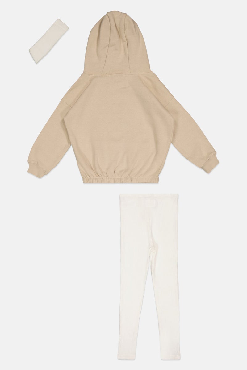 Fudo Kids Girl 3 Pieces Solid Hoodie And Leggings With Head Band Set, Beige/Off-White - Image 2