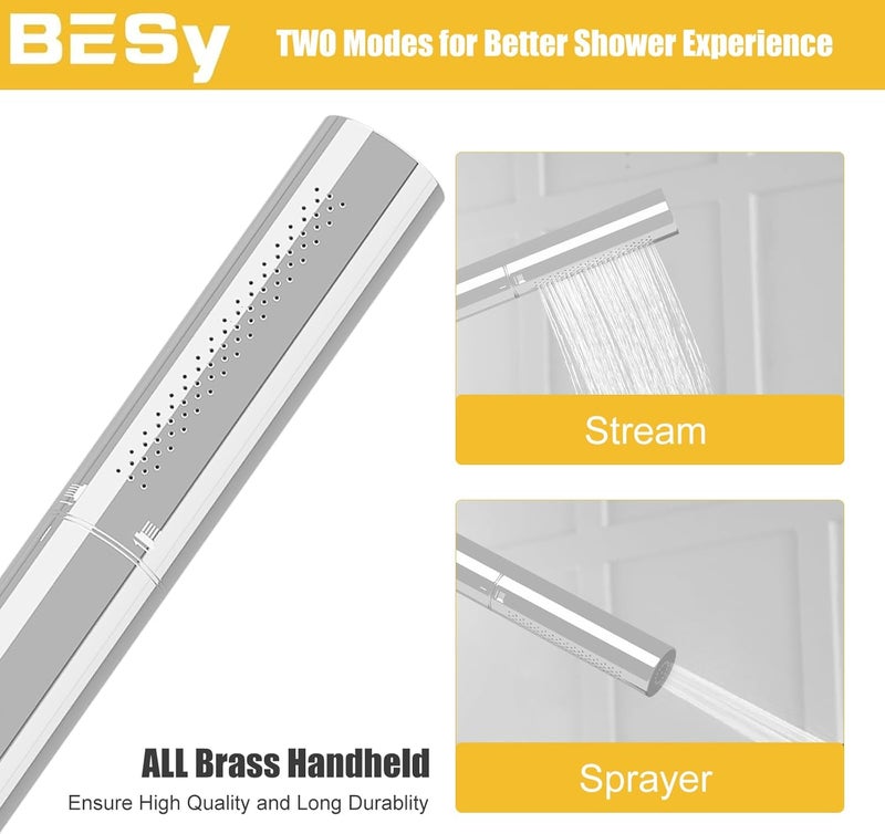 BESy Chrome Brass 2 In 1 Function Handheld Shower Head Set High Pressure 7 Inch Shower Head High Flow Hand Shower Wand with 59 Inch Hose, Bracket, Chrome Finish - Image 2
