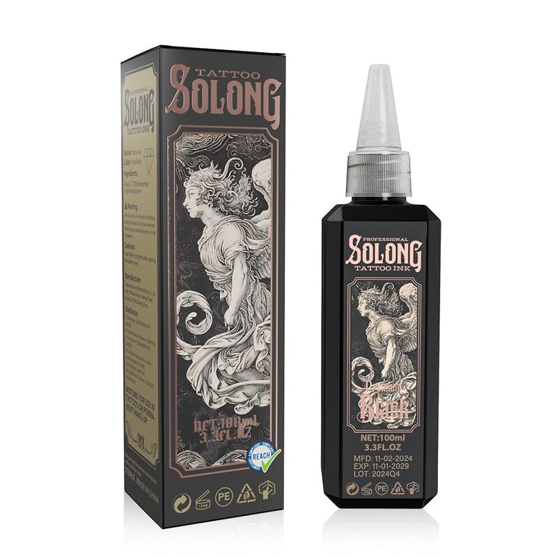 solong tattoo حبر وشم، سلسلة سولونغ S 3.4 أونصة (100 مل) حبر وشم أسود احترافي للتحديد، التظليل والمزج - مستلزمات وشم سوداء متميزة، TI303S-100-031 - Image 1
