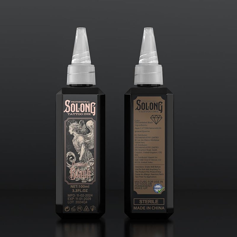 solong tattoo حبر وشم، سلسلة سولونغ S 3.4 أونصة (100 مل) حبر وشم أسود احترافي للتحديد، التظليل والمزج - مستلزمات وشم سوداء متميزة، TI303S-100-031 - Image 2