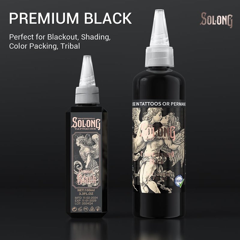 solong tattoo حبر وشم، سلسلة سولونغ S 3.4 أونصة (100 مل) حبر وشم أسود احترافي للتحديد، التظليل والمزج - مستلزمات وشم سوداء متميزة، TI303S-100-031 - Image 5
