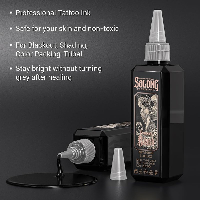 solong tattoo حبر وشم، سلسلة سولونغ S 3.4 أونصة (100 مل) حبر وشم أسود احترافي للتحديد، التظليل والمزج - مستلزمات وشم سوداء متميزة، TI303S-100-031 - Image 3