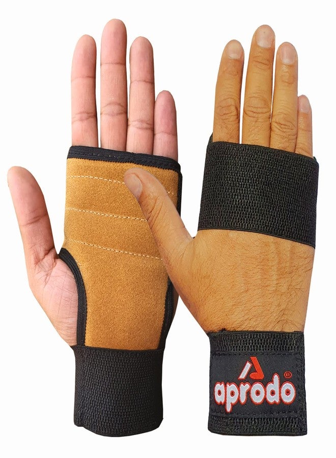 Aprodo Leather Hand Grips for Weight Lifting Workout Gloves with Built-in Wrist Support for Men and Women - Great for Gym Fitness, Cross Training, Hand Support & Weightlifting. Free Size, (TAN) - Image 1
