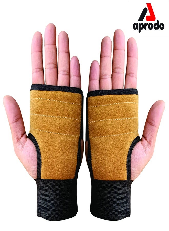 Aprodo Leather Hand Grips for Weight Lifting Workout Gloves with Built-in Wrist Support for Men and Women - Great for Gym Fitness, Cross Training, Hand Support & Weightlifting. Free Size, (TAN) - Image 2