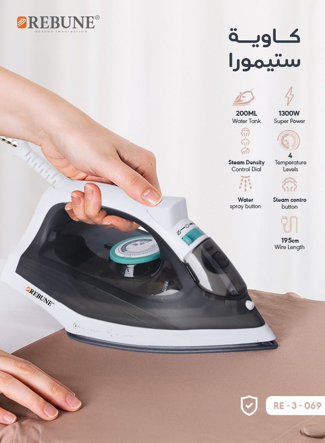 REBUNE Steam Iron RE-3-069 – 1300W Power, 200ML Water Tank, Adjustable Steam 200 ml 1300 W RE-3-069 Black and White - Image 1